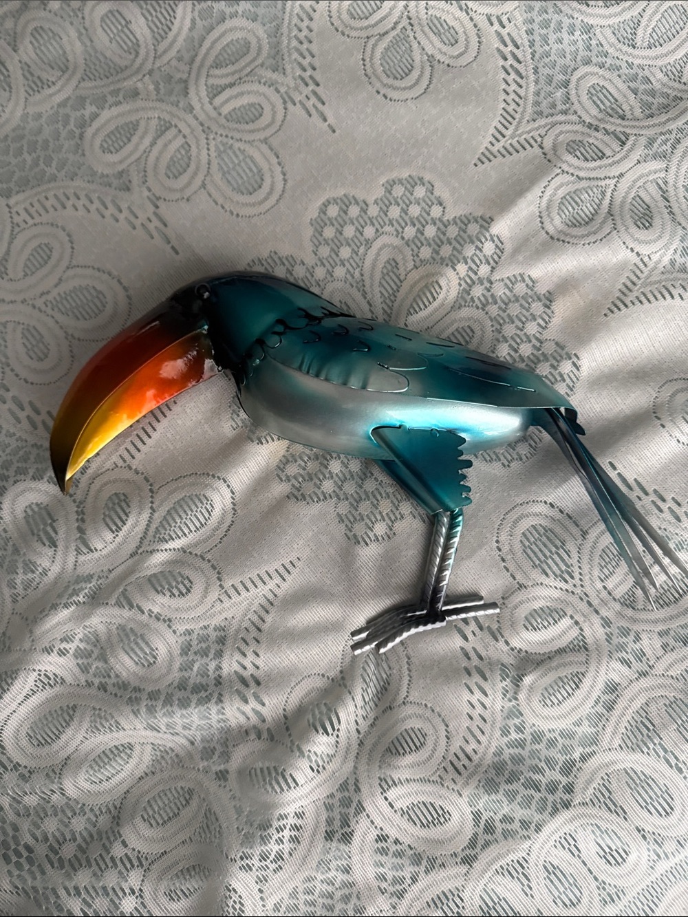 Metal Toucan Bird Sculpture - Teal and Orange Decorative Accent
